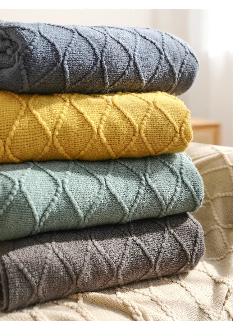 Lightweight Faux Cashmere Knit Throw Blanket with Tassels