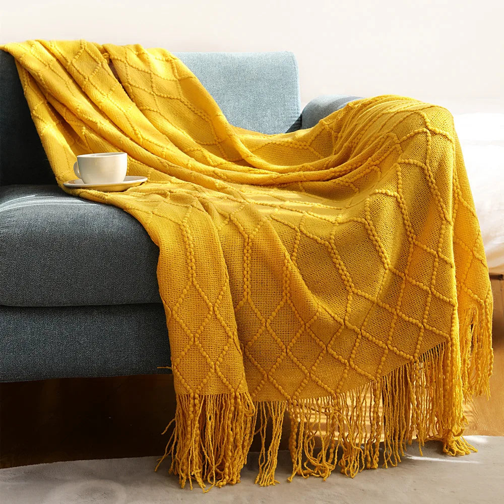 Lightweight Faux Cashmere Knit Throw Blanket with Tassels