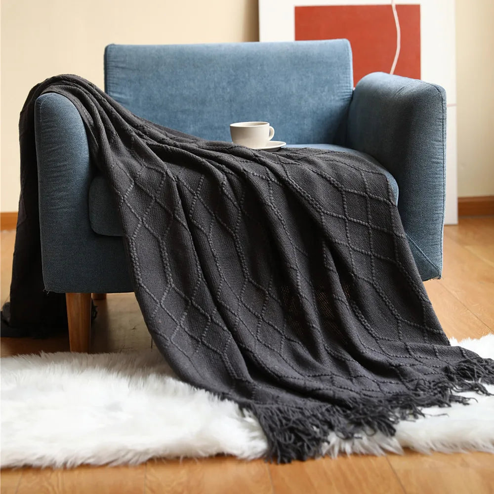 Lightweight Faux Cashmere Knit Throw Blanket with Tassels