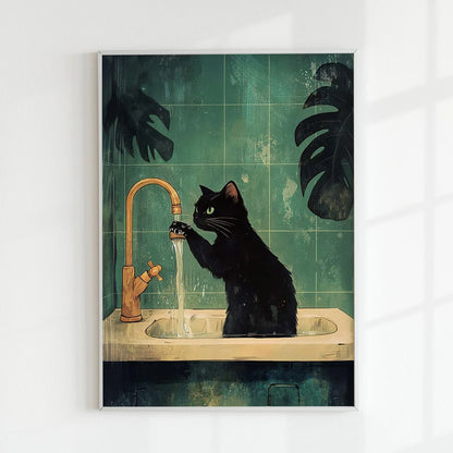 Black Cat Bathroom Poster - Multiple sizes and designs
