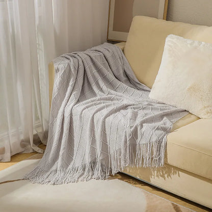 Lightweight Faux Cashmere Knit Throw Blanket with Tassels