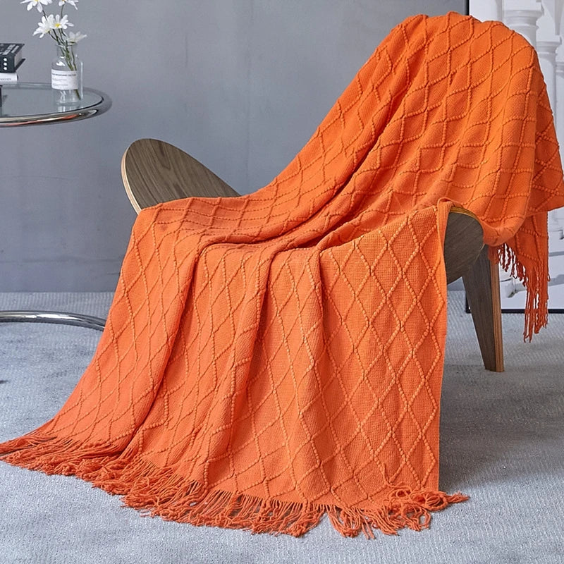 Lightweight Faux Cashmere Knit Throw Blanket with Tassels