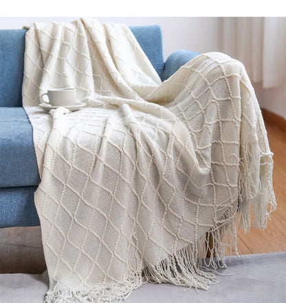 Lightweight Faux Cashmere Knit Throw Blanket with Tassels