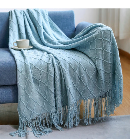 Lightweight Faux Cashmere Knit Throw Blanket with Tassels