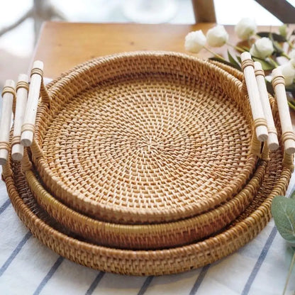 Handwoven Rattan Tray with Handles
