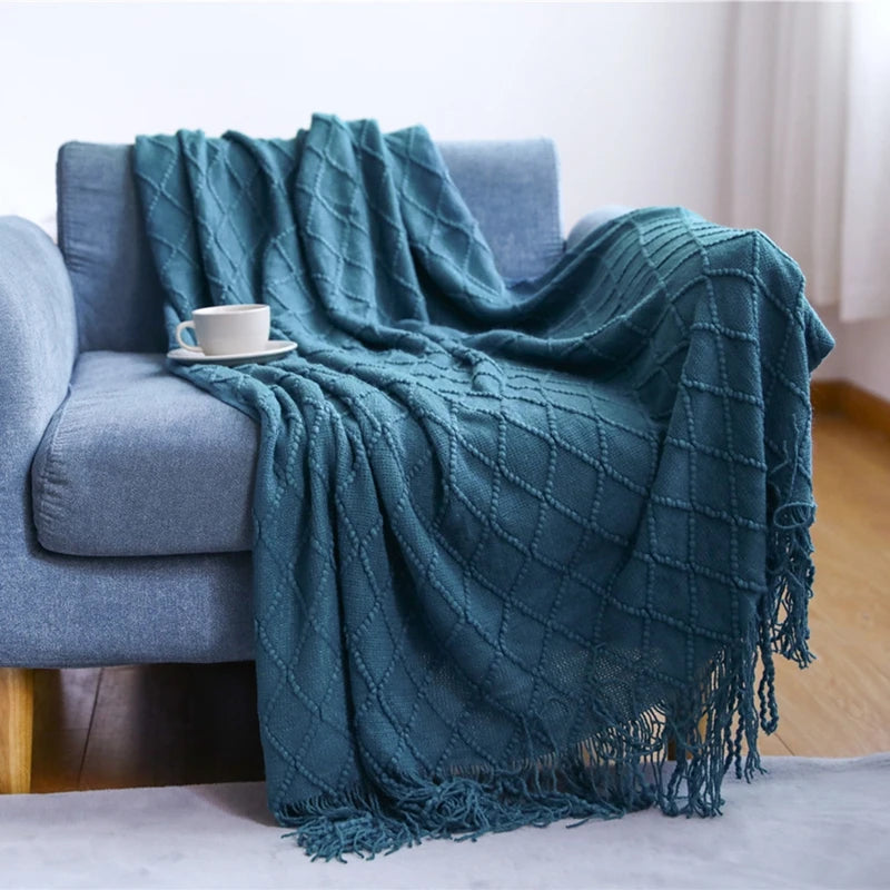 Lightweight Faux Cashmere Knit Throw Blanket with Tassels
