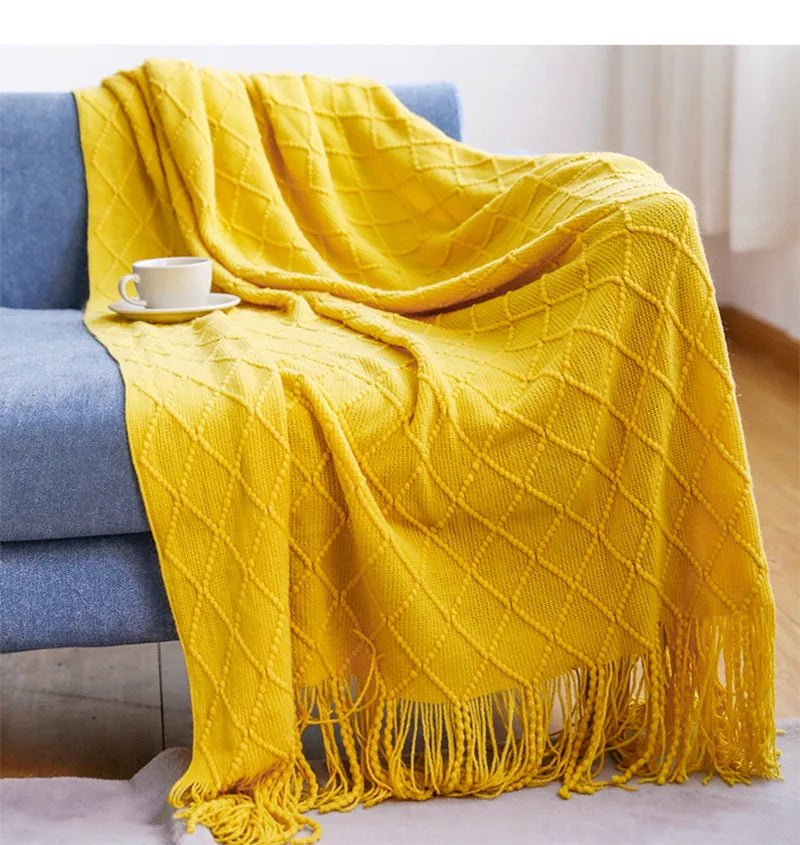 Lightweight Faux Cashmere Knit Throw Blanket with Tassels