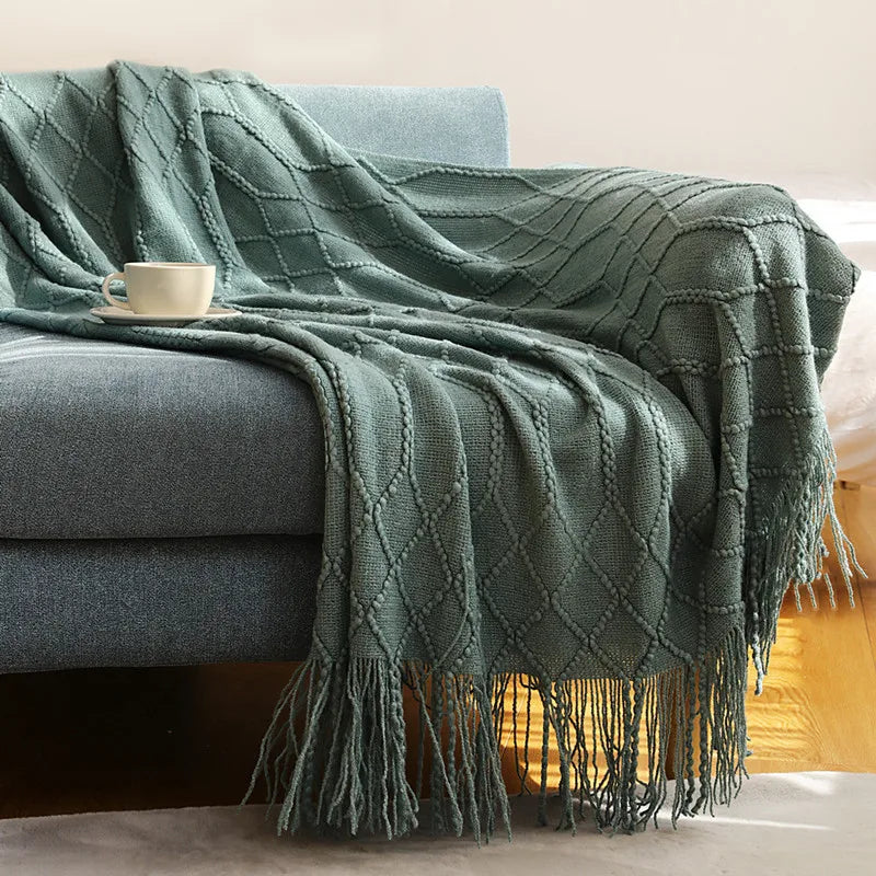 Lightweight Faux Cashmere Knit Throw Blanket with Tassels