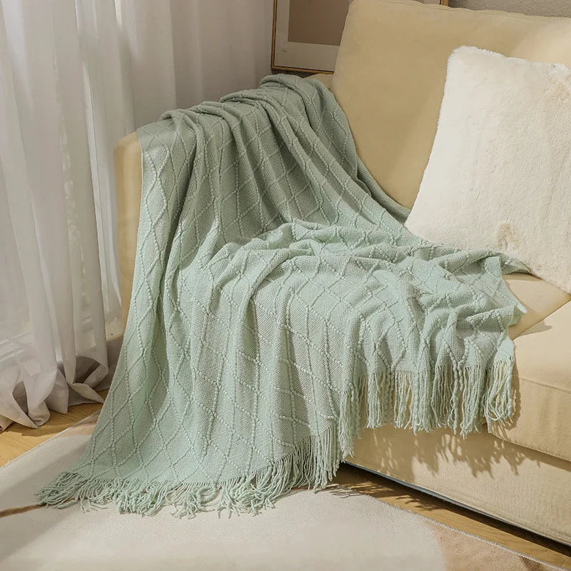 Lightweight Faux Cashmere Knit Throw Blanket with Tassels
