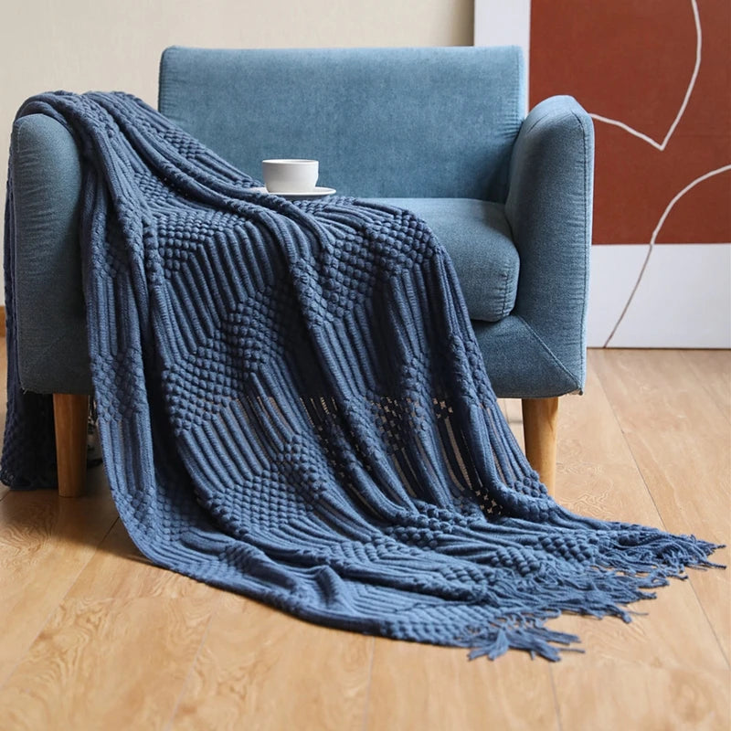Lightweight Faux Cashmere Knit Throw Blanket with Tassels