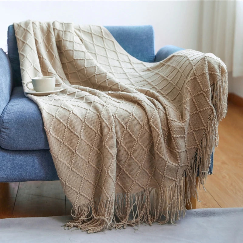 Lightweight Faux Cashmere Knit Throw Blanket with Tassels