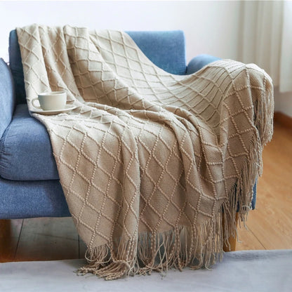 Lightweight Faux Cashmere Knit Throw Blanket with Tassels