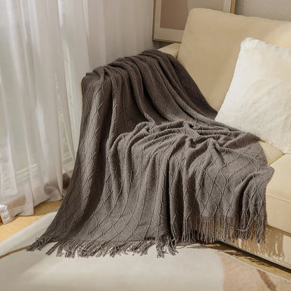 Lightweight Faux Cashmere Knit Throw Blanket with Tassels
