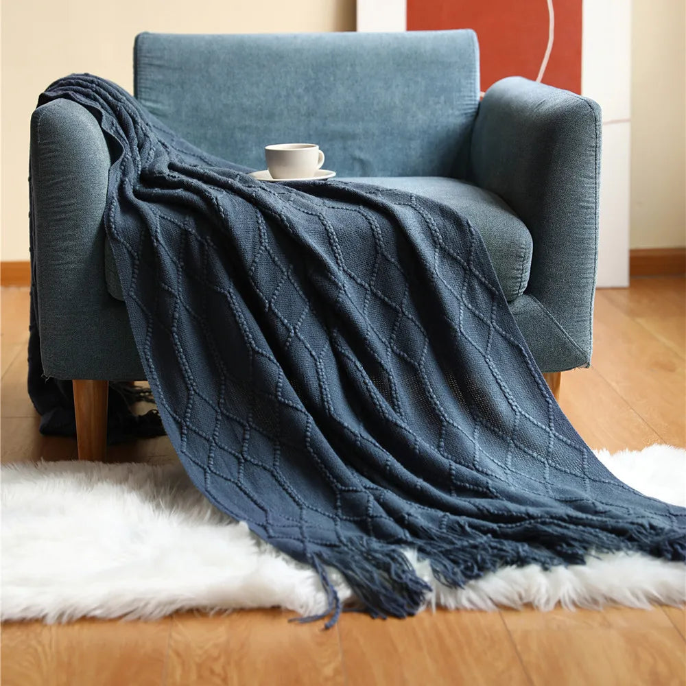 Lightweight Faux Cashmere Knit Throw Blanket with Tassels