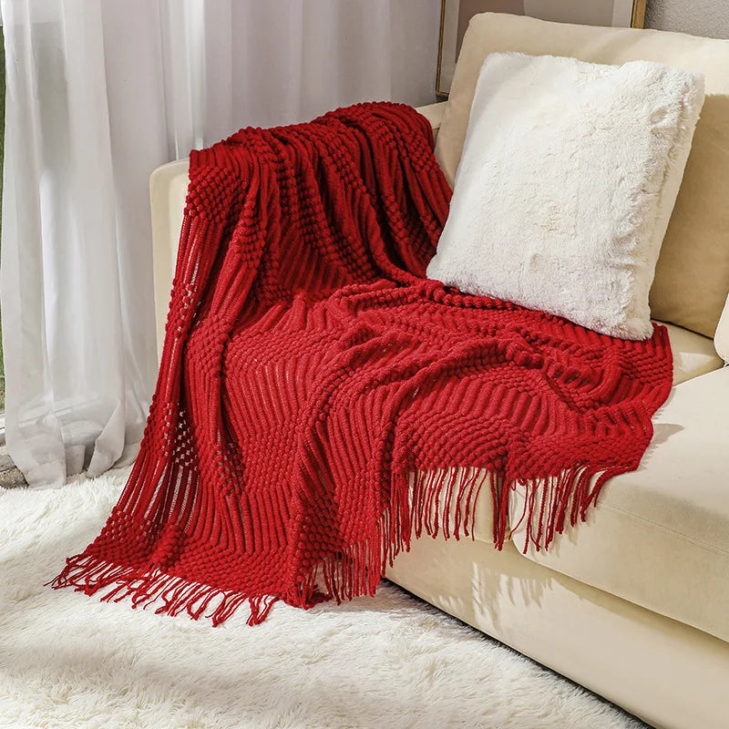 Lightweight Faux Cashmere Knit Throw Blanket with Tassels