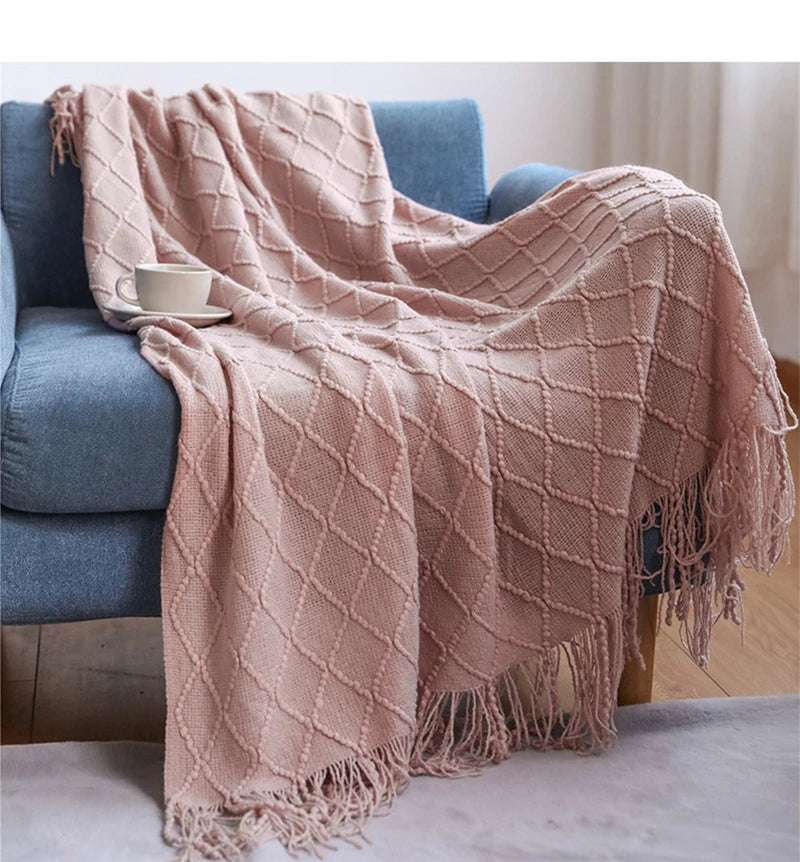 Lightweight Faux Cashmere Knit Throw Blanket with Tassels