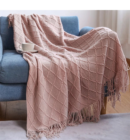 Lightweight Faux Cashmere Knit Throw Blanket with Tassels