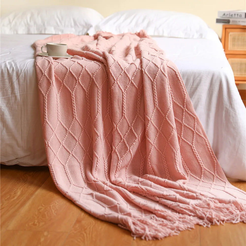 Lightweight Faux Cashmere Knit Throw Blanket with Tassels
