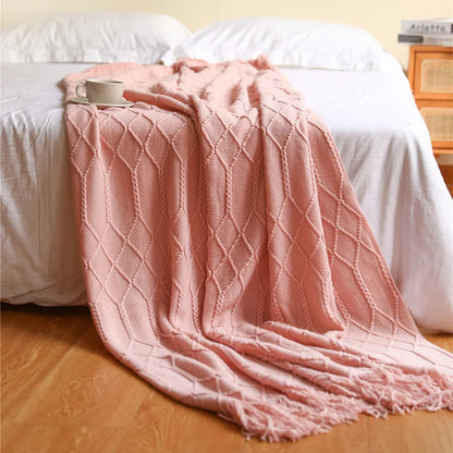 Lightweight Faux Cashmere Knit Throw Blanket with Tassels