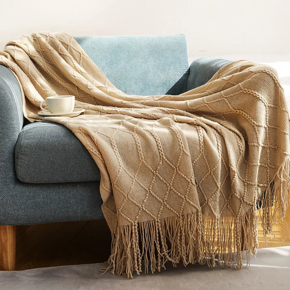 Lightweight Faux Cashmere Knit Throw Blanket with Tassels