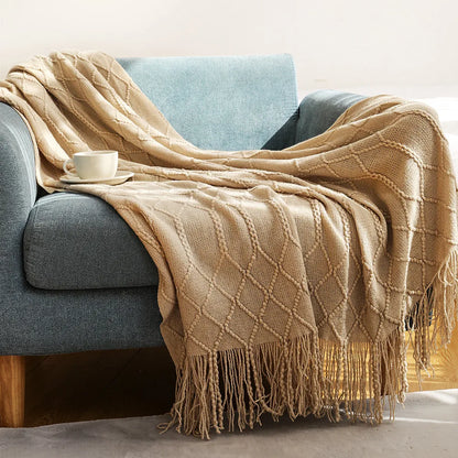Lightweight Faux Cashmere Knit Throw Blanket with Tassels