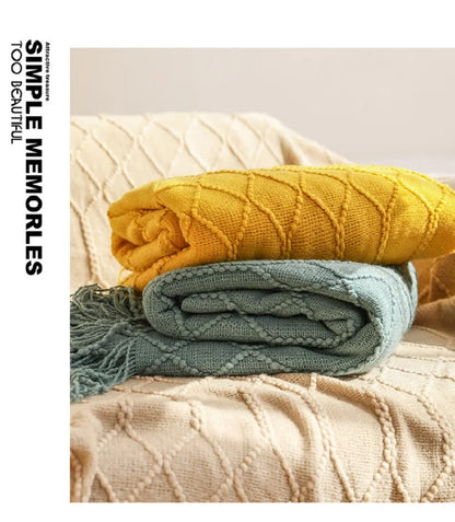 Lightweight Faux Cashmere Knit Throw Blanket with Tassels