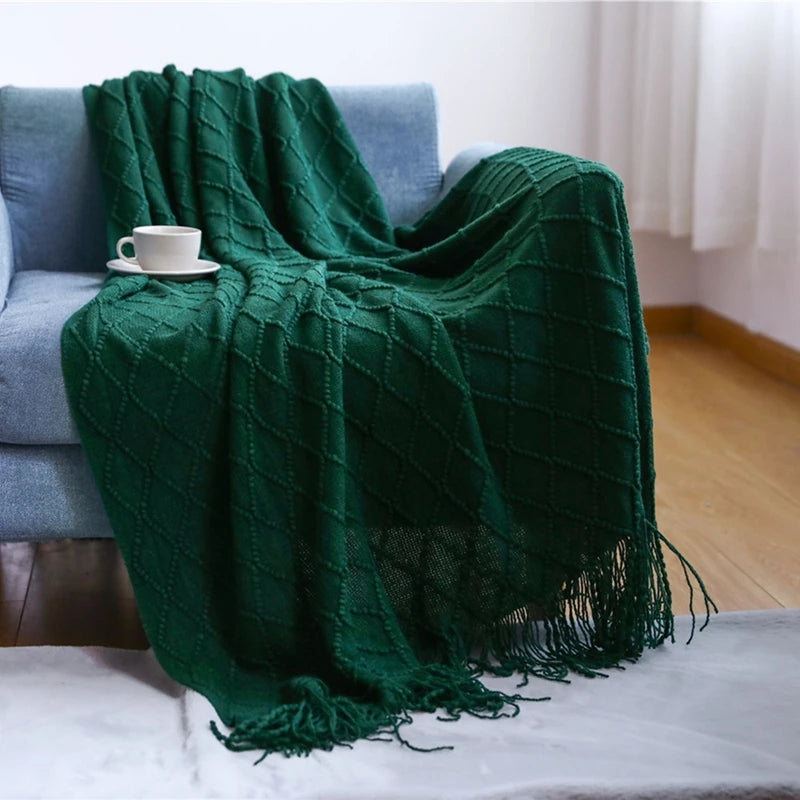 Lightweight Faux Cashmere Knit Throw Blanket with Tassels