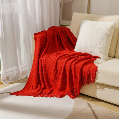Lightweight Faux Cashmere Knit Throw Blanket with Tassels